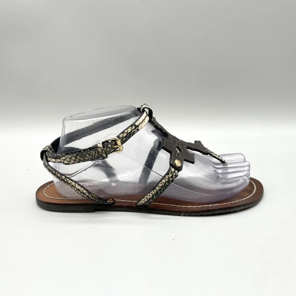 Tory Burch Womens 8M Miller Thong Sandals Brown Snakeskin Leather Flat Preppy